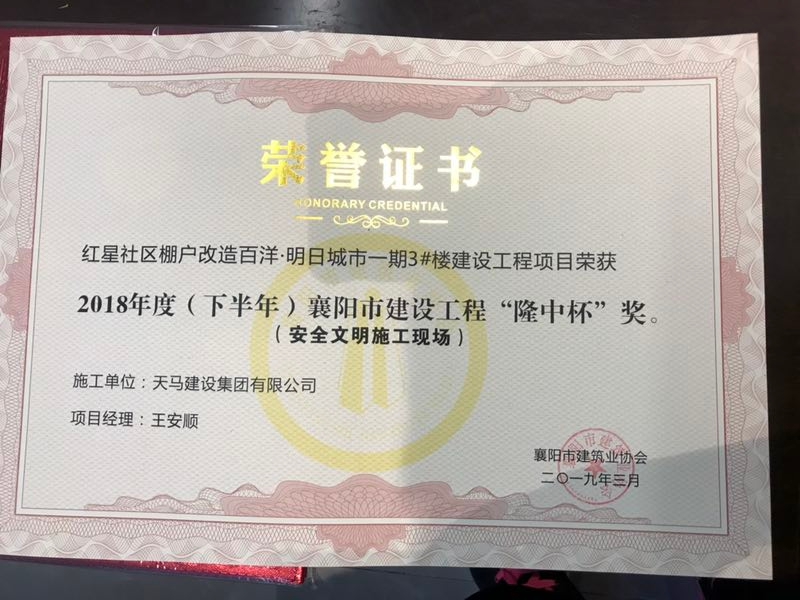 天馬建設(shè)集團“襄陽·百洋明日城市一期”項目榮獲襄陽市建設(shè)工程“隆中杯”獎